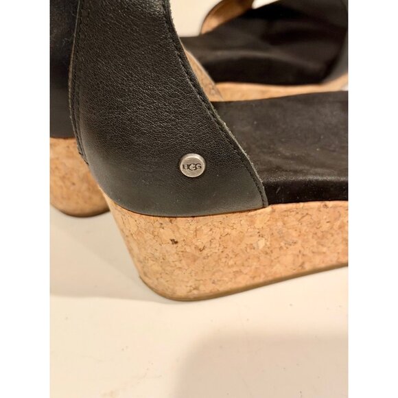 UGG Zoe II Wedge Black Leather Cork Ankle Strap Sandals Women's Size 11 Zip Back - Picture 4 of 7